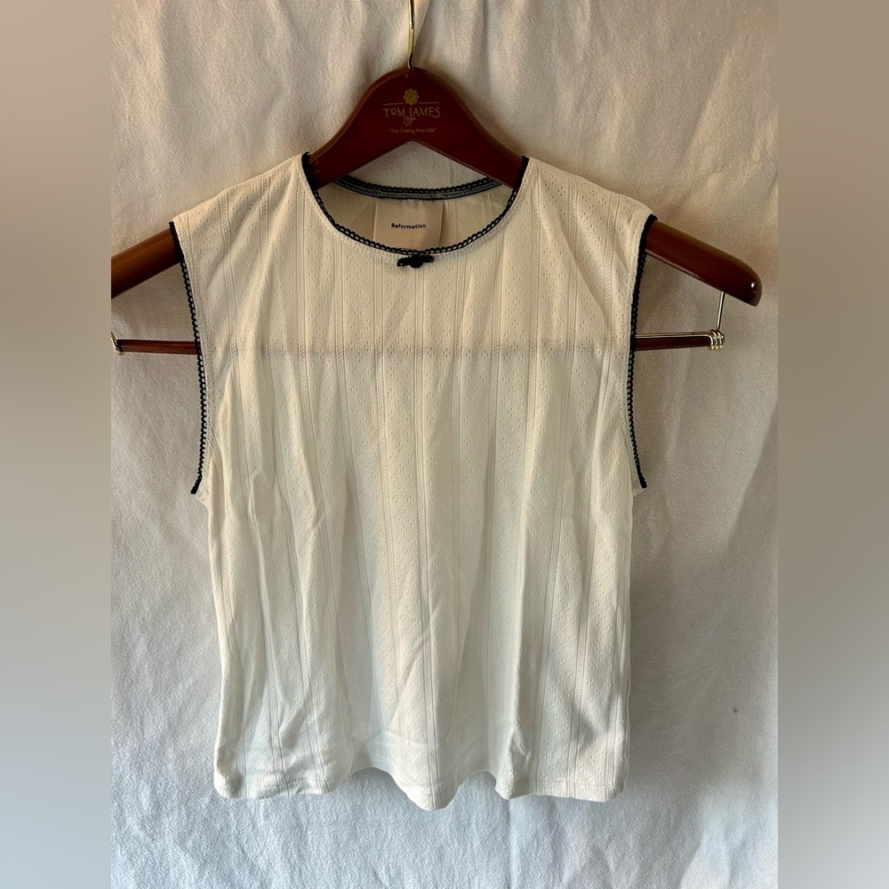 Reformation Sheer White Top Blouse Black Ribbon Detail Women’s M Coquette Tank